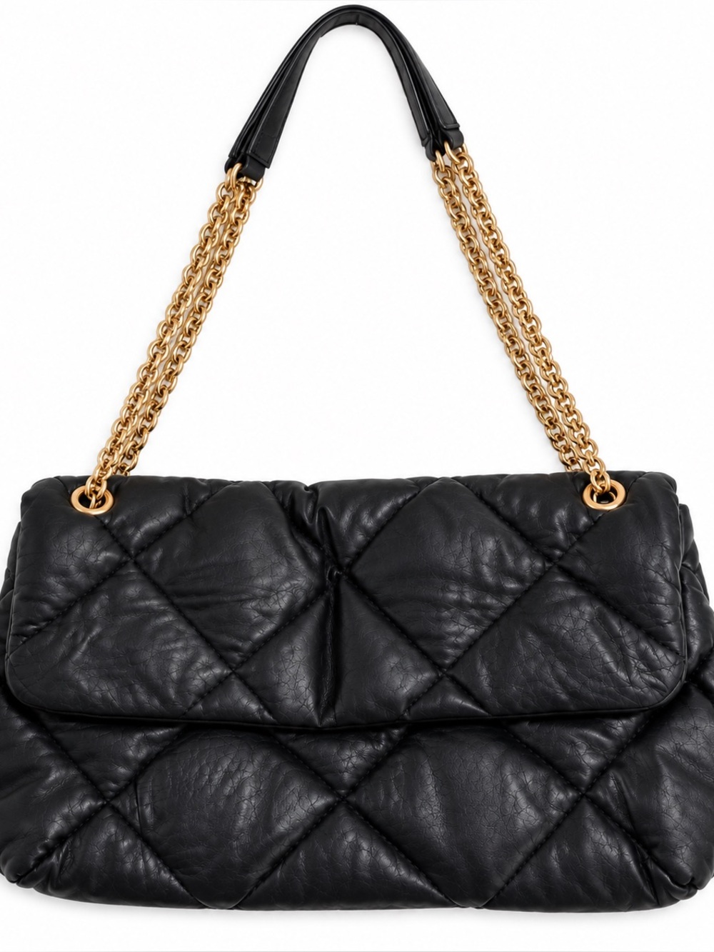 Black Quilted Puffy Shoulder Bag Gold Chain Faux Leather Purse